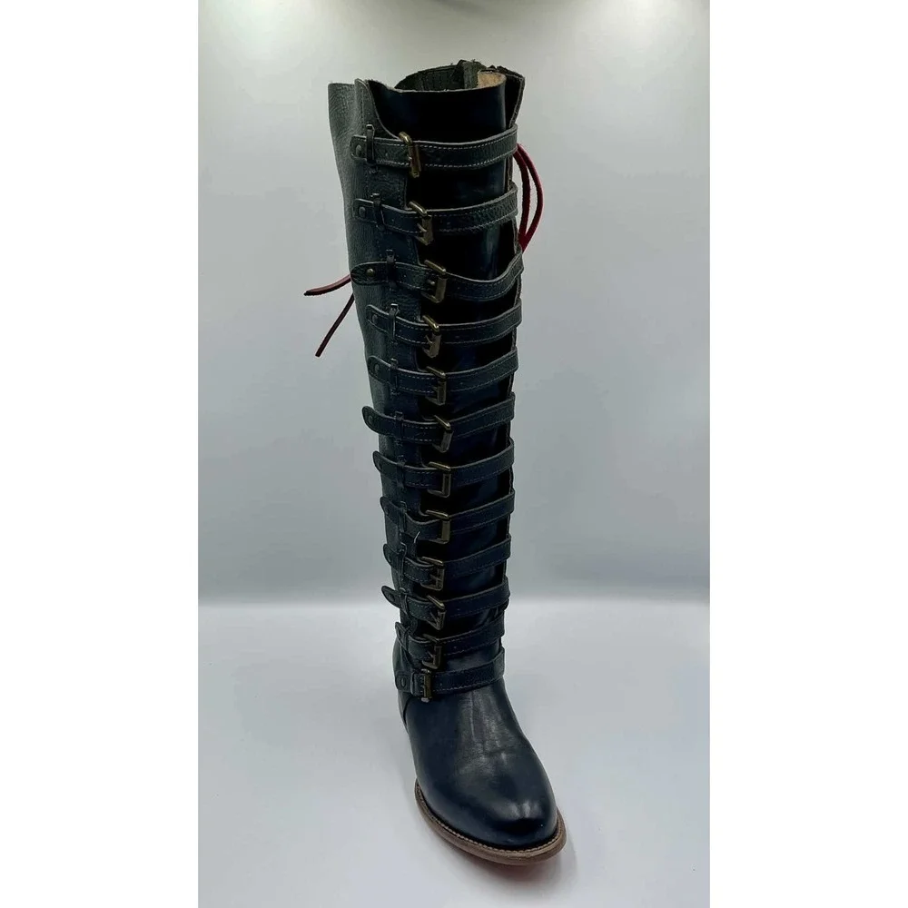 Freebird by Steven Rylan Navy Multi Leather Multi Buckle Tall Boots Women 8